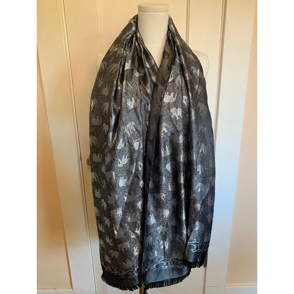 Vintage Elephant Print Silk Scarf Silver Grey Black Jacquard Paisley Shawl Wrap